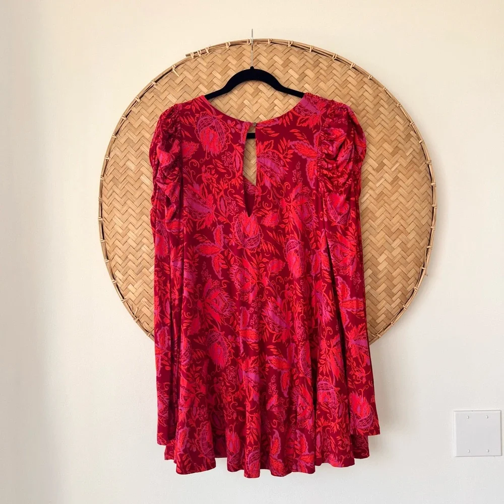 BOHO FREE PEOPLE HELLO LOVER V-NECK PUFF SLEEVE TUNIC DRESS FLOWY SILHOUETTE EUC